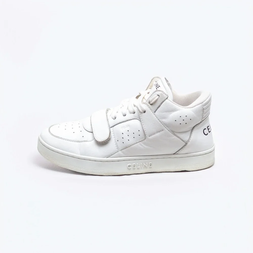 CELINE CT-02 Womens White Calf‎ Leather High-Top Logo Sneakers SIZE 37 EU / 7 US